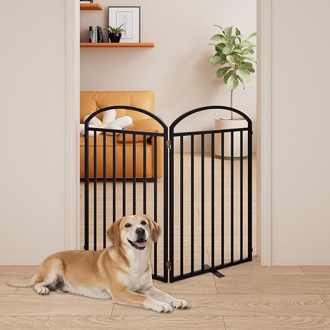 2 Panels Full Matel Freestanding Dog Gates with Door, 48"Extra Wide 36"Tall Free Standing Dog Pet Gate for Indoor & Outdoor. Foldable Pet Fences for Doorways, House, Stairs, Porch, Deck, Yard
