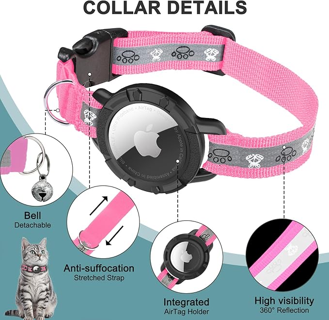 Reflective AirTag Cat Collar, Integrated Cat Tracker Collar with Air Tag Holder and Bell, Safety Elastic Band Cat GPS Collars for Girl Boy Cats, Kittens and Puppies (Hotpink,S)