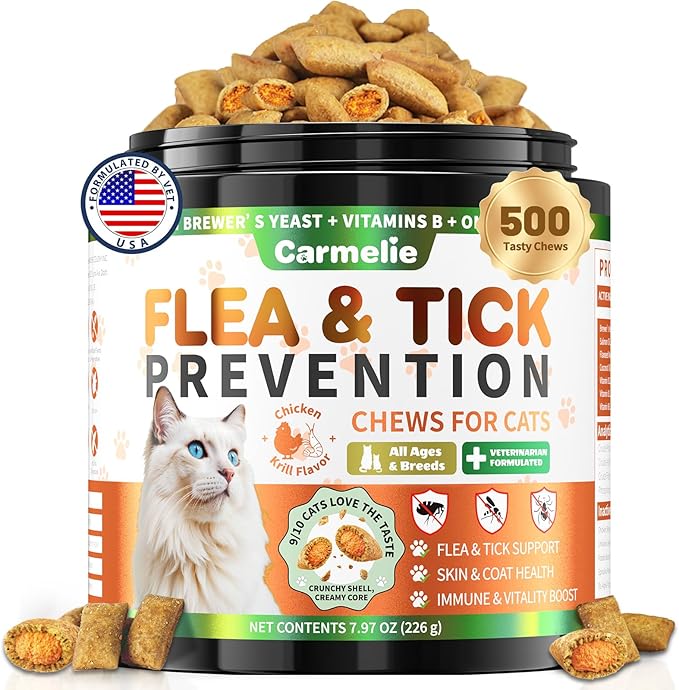 Flea and Tick Prevention for Cats, 500 Crunchy & Creamy Chews, Cat Flea Chewables with Natural Oral Flea Treatment Supplement Cats, Skin & Coat Support - All Breeds & Ages - Chicken and Krill Flavor