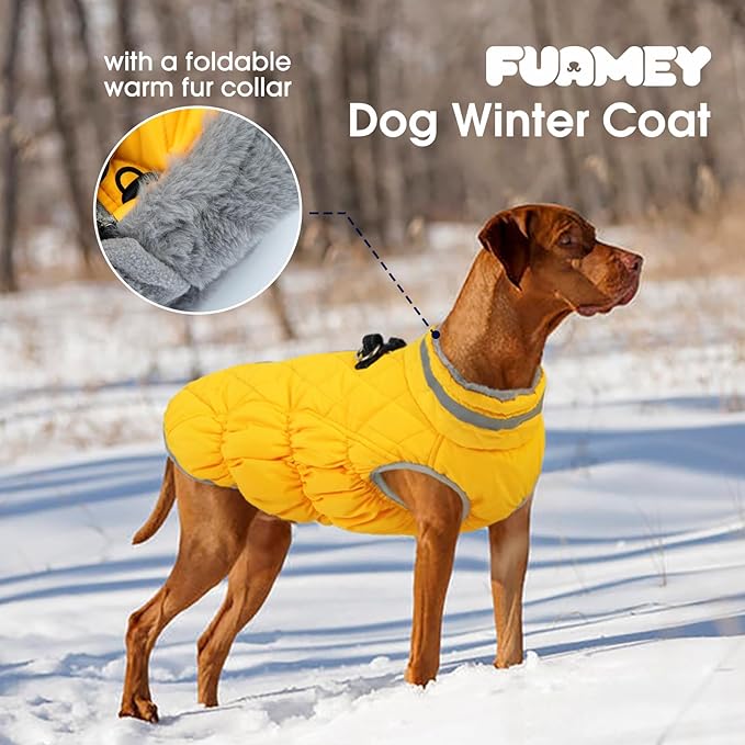 FUAMEY Dog Coat for Large Dogs,Waterproof Dog Winter Jacket with Harness Built in Puppy Cold Weather Coats Reflective Pet Vest with Zipper Warm Fleece Dogs Snowsuit Windproof Yellow 2XL