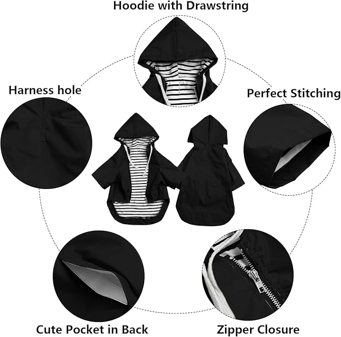 Dog Raincoat rain Jacket Raincoat Dogs Waterproof Small Medium Breeds Zip Closure Storage Pocket Harness Hole Black M