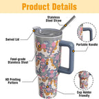 Cavalier King Charles Spaniel Gifts for Women Dog Lovers 40 oz Floral Cavalier King Charles Spaniel Tumblers with Handle and Straw, Stainless Steel Vacuum Insulated Travel Coffee Mug Cup Water Bottle