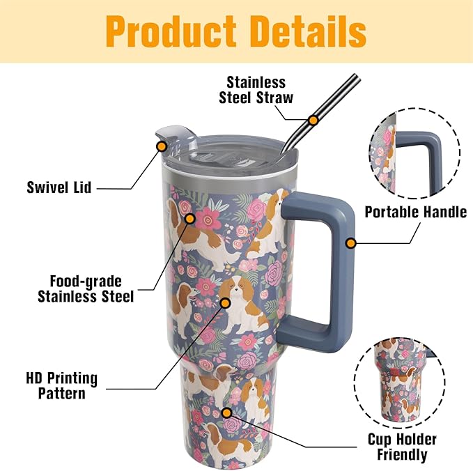 Cavalier King Charles Spaniel Gifts for Women Dog Lovers 40 oz Floral Cavalier King Charles Spaniel Tumblers with Handle and Straw, Stainless Steel Vacuum Insulated Travel Coffee Mug Cup Water Bottle