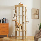 PEQULTI 71'' Cat Tree, Tall Wood Cat Tower for Indoor Cats with 2 Acrylic Cat Hammock, Multi-Level Activity Trees with Scratching Posts, Condo House and Large Top Perch for Large Cats, Beige