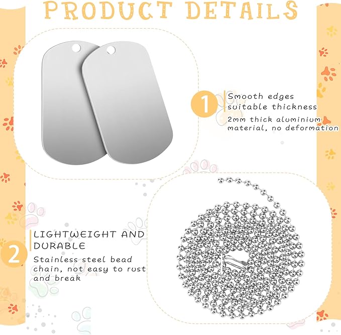 Yinkin 200 Pcs Personalized Military Dog Tags Set Including 100 Pcs Aluminum Blank Dog Tags for Engraving 100 Ball Steel Chain Rectangle Metal Blank Stamping Label for DIY Craft(Silver)