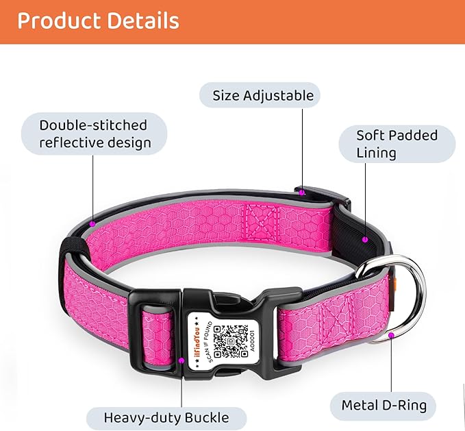 Personalized Dog Collar with QR Code tag for pet ID, Reflective Safety Collar, Suitable for Small, Medium, and Large Dogs (Rose Red, Large)