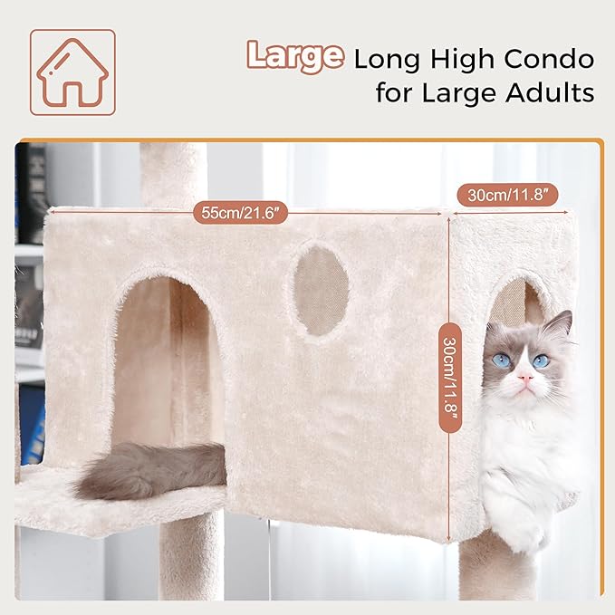 54” Cat Tree with Big Hammock 21x17” Adult Cat Tower with Scratching Posts Featuring Large Top Bed, Scratcher Pad, Spacious Condo House and Detectable Ball for Indoor Cats-Large Beige