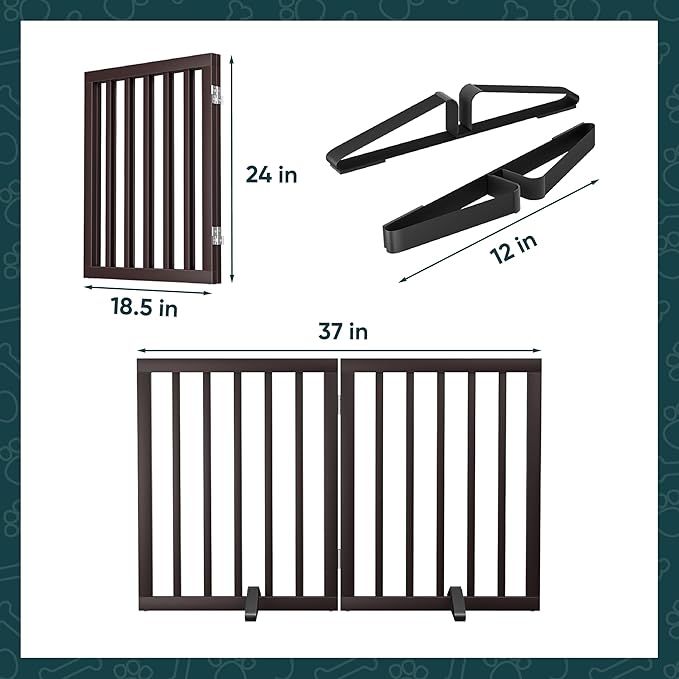 Semiocthome Bamboo Dog Gates Indoor 2-Panel Freestanding Puppy Gates for The House with 2 Metal Stands 24" H Folding Wood Pet Gate for Stairs Doorway, Fully Assembled Safety Fence Espresso