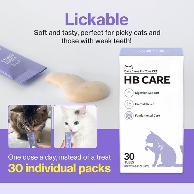 Dr.by HB Care Cat Hairball Supplement-Hairball Treatment for Cats Furball Control Relief Remedy & Digestive Support with Omega-3, Chitosan-30 lickable Formula Individuallly Packaged (1Pack, 30 Count)