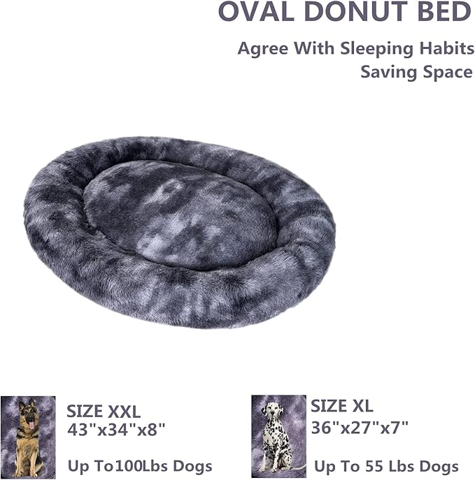 Coohom Oval Calming Donut Cuddler Dog Bed,Shag Faux Fur Cat Bed Washable Round Pillow Pet Bed(30"/36") for Small Medium Dogs (XXL(43"x34"x8"), Grey2021)