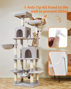 Taoqimiao Cat Tree, 71.7-Inch Cat Tower for Indoor Cats, Plush Multi-Level Cat Condo with 13 Scratching Posts, 2 Perches, 2 Caves, Hammock, 2 Pompoms,Light Gray MS013LW