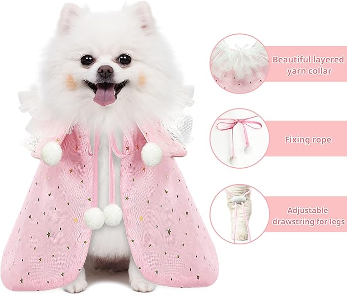 KOUPA Pet Wedding Costume for Cat Small Dogs, Sparkly Cat Clothes Tulle Cloak for Puppy Kitten, Halloween Dog Outfit Suit for Party Holiday Christmas, Pink