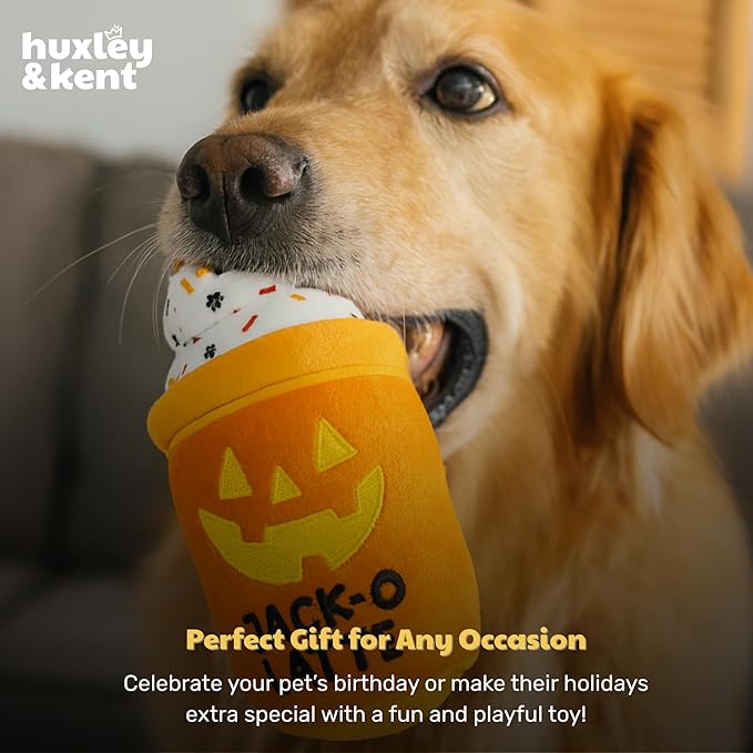 Huxley & Kent Halloween Funny Dog Toy w/Squeaker – Power Plush Squeaky Dog Toys for Small, Medium & Large Dogs – Soft Stuffed Animal for Indoor Play & Fetch - Jack-O-Latte, One Size