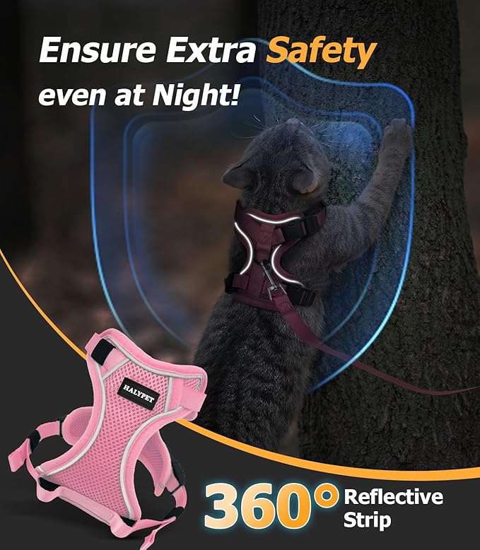 Halypet Cat Harness and Leash Set [MAX Safety 4th-Gen Upgrade] Escape Proof Adjustable Cat Leash Comfortable Soft Vest Easy to Wear Kitten Harness with Reflective Strip for Cats Walking, XS Pink