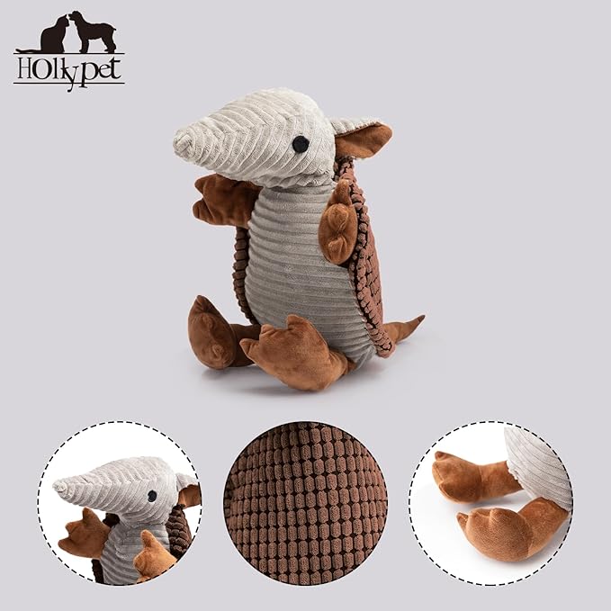 Hollypet Plush Dog Squeaky Toy Stuffed Armadillo Animal Pet Puppy Chew Toys with Clean Teeth for Small Medium Large All Breed Sizes Dogs, Brown, 14 in