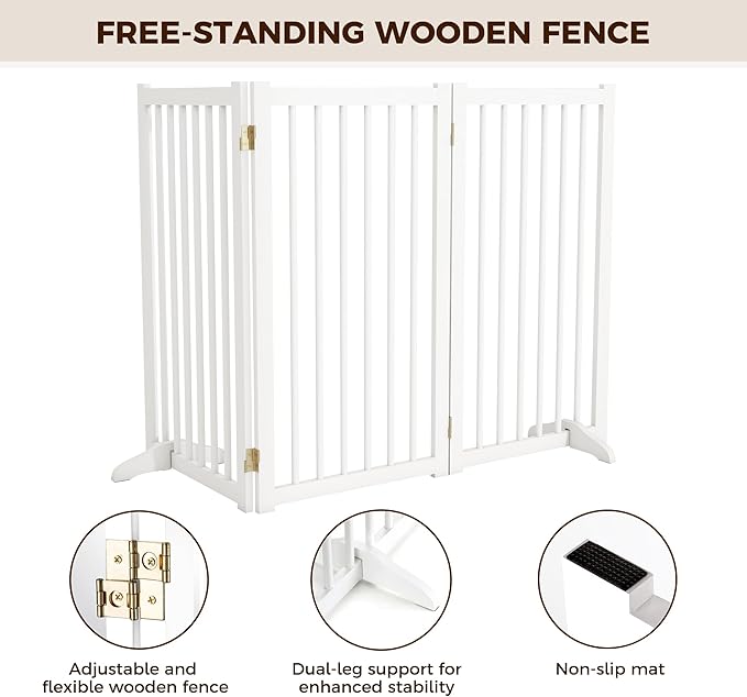 36" H Freestanding Dog Gate, Solid Wood Foldable Pet Gate with Support Feet, Wooden Tall Dog Gate for Doorway, Stairs & Indoor Use, 60" Wide Expandable Pet Fence, 3 Panels, White