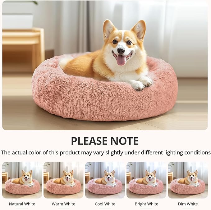 JOLLYVOGUE Calming Dog & Cat Bed for Large Dogs, Anti-Anxiety Donut Cuddler Cozy Soft Round Bed with Anti-Slip Bottom, Fluffy Faux Fur Plush Cushion Beds for Medium Dogs (36")