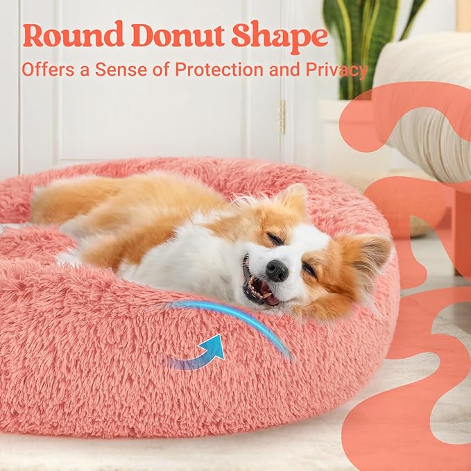 rabbitgoo Calming Dog Bed for Small Medium Dog, 30 inches Pet Bed Machine Washable, Non-Slip Round Fluffy Plush Faux Fur Large Cat Bed, Soft Donut Cuddler Cushion for Small Dog, Pink