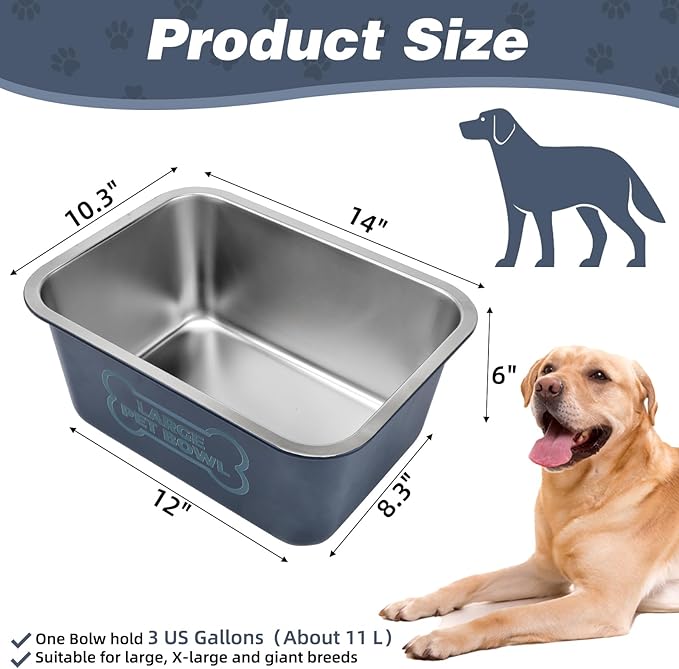 3 Gallons Large Dog Water Bowl, Stainless Steel Metal Dog Bowls, Large Capacity Pet Food Bowl Water Dish for Indoor and Outdoor Universal for Medium to Giant Dogs Blue