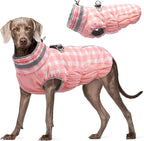 FUAMEY Dog Coat for Large Dogs,Waterproof Dog Winter Jacket with Harness Built in Puppy Cold Weather Coats Reflective Pet Vest with Zipper Warm Fleece Dogs Snowsuit Windproof Pink Plaid 3XL
