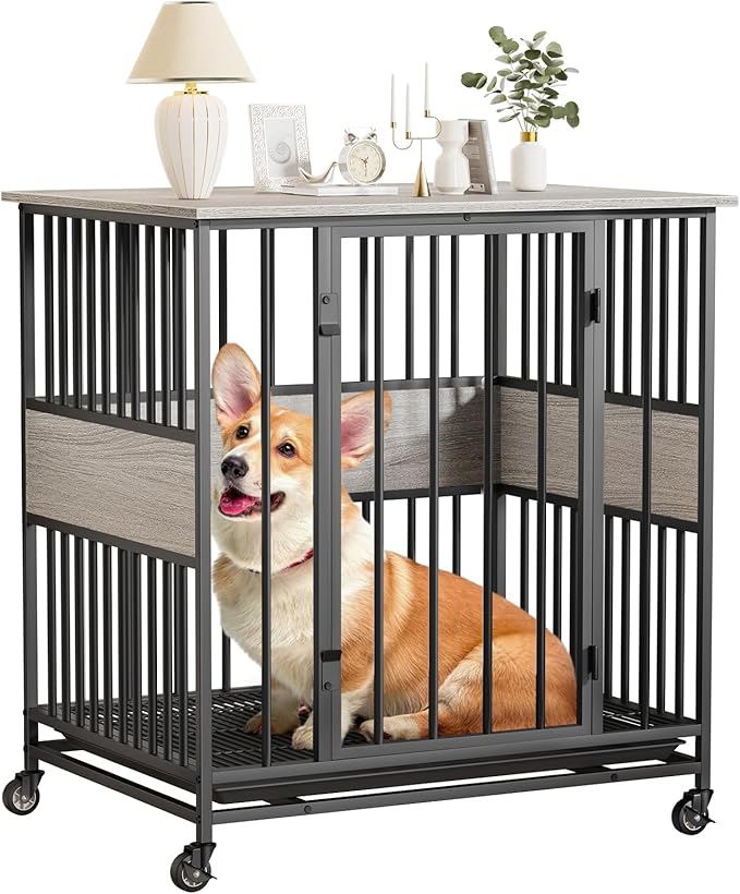 Dog Crate Furniture for Small Dogs, 31 Inch Indoor Puppy Kennel, Wooden Pet Cage Decorative Corner End Table with Caster Wheels & Removable Tray, Greige
