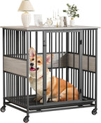 Dog Crate Furniture for Small Dogs, 31 Inch Indoor Puppy Kennel, Wooden Pet Cage Decorative Corner End Table with Caster Wheels & Removable Tray, Greige