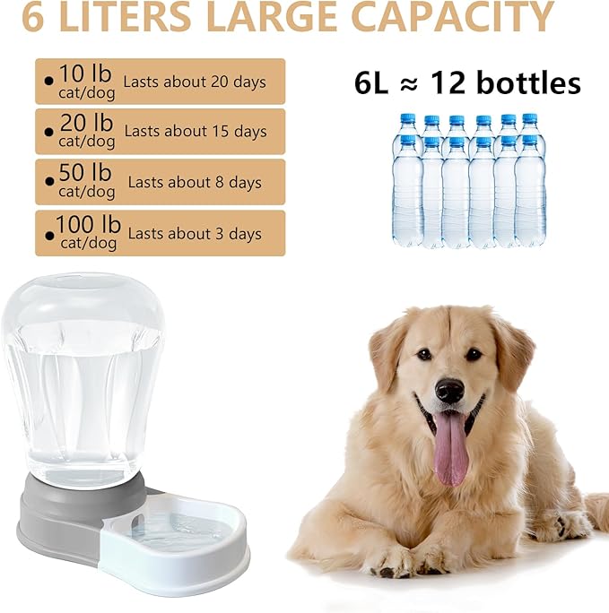 1.58 Gallon Automatic Dog Water Bowl Dispenser, Large Capacity Water Feeder for Cats and Dogs, BPA-Free, 1.58 Gallon Grey