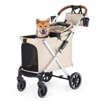 X6 Luxury Pet Stroller for Medium Dogs up to 66 lbs, One-Second Fold Design, 180° Canopy, 4-Wheel Shock Absorption (Beige)