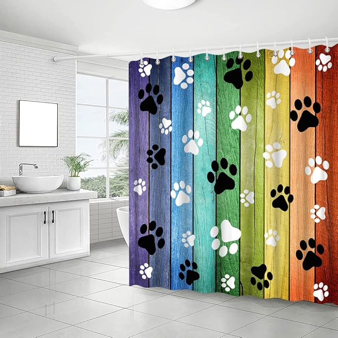 Dog Paws Shower Curtain Rustic Old Barn Wood Board Black White Cute Dogs Cat Pet Paw Abstract Animal Footprint Pattern Print Modern Bath Decor Curtains with Hooks 70Wx80H Inch