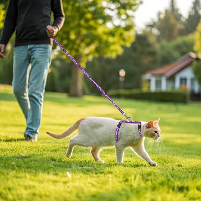 PAWCHIE Cat Harness with Leash and Collar Set - Escape Proof Adjustable H-shped Cat Harness with Star and Moon Pattern Glow in The Dark for Kitty Outdoor Walking