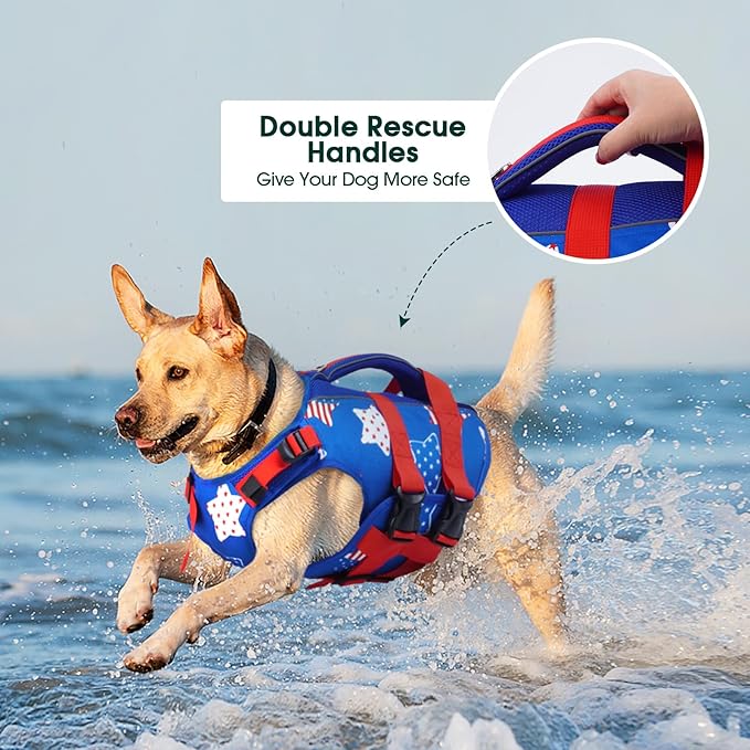 Kuoser Dog Life Jacket High Flotation, American Flag Dogs Life Vest for Swim Boating Independence Day Dog lifejacket with Reflective & Rescue Handle, Adjustable Doggy Life Preserver for Large Dogs 2XL