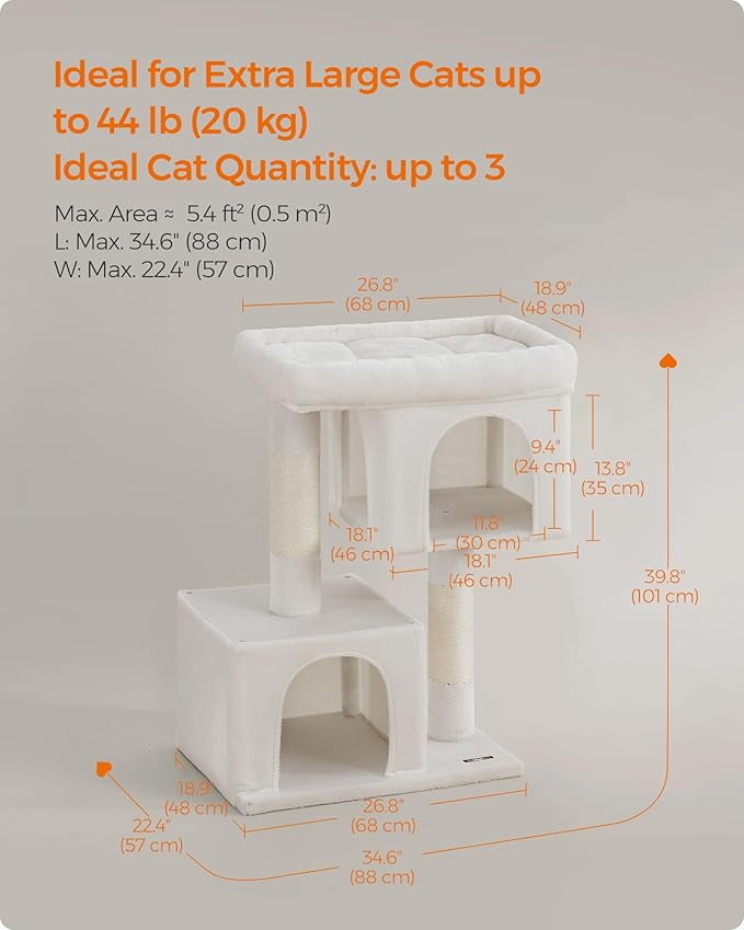 Feandrea Cat Tree, 39.8-Inch Cat Tower, XL, Cat Condo for Extra Large Cats up to 44 lb, Large Cat Perch, 2 Cat Caves, Scratching Post, Cream White UPCT614T01