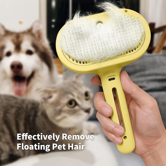 3 In 1 Steamy Brush with Release Button and Tank, Anti-Static Pet Brush for Long and Short Hair Pets to Remove Tangles and Loose Fur (Yellow)