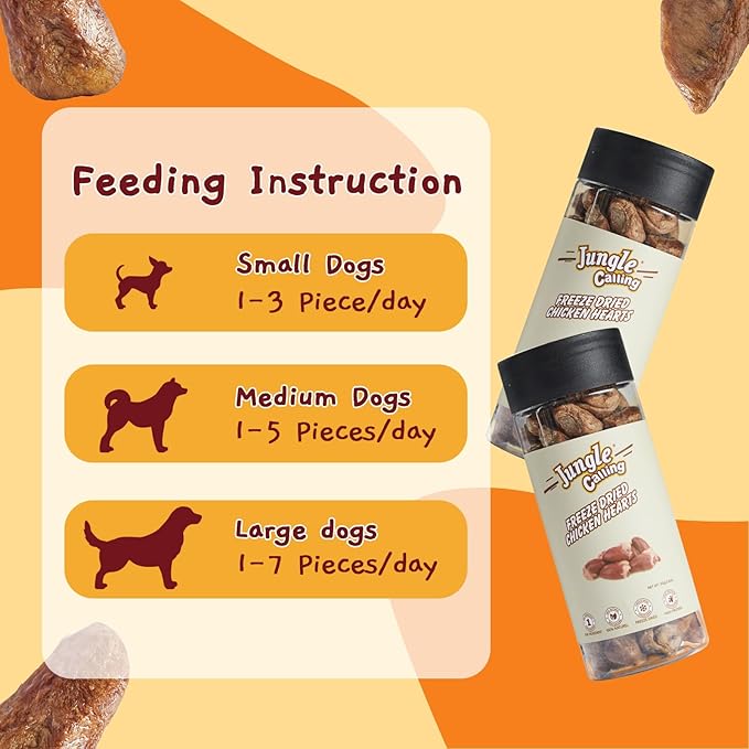 Jungle Calling Freeze Dried Cat & Dog Treats, Freeze Dried Chicken Hearts for Cats & Dogs, High Protein Single Ingredient Chicken Heart Snacks, Grain Free Pet Training Rewards (Chicken Hearts, 2.3 oz)