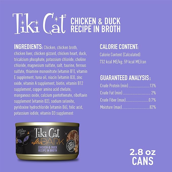 Tiki Cat After Dark, Chicken & Duck, High-Protein and 100% Non-GMO Ingredients, Wet Cat Food for Adult Cats, 2.8 oz. Cans (Pack of 12)