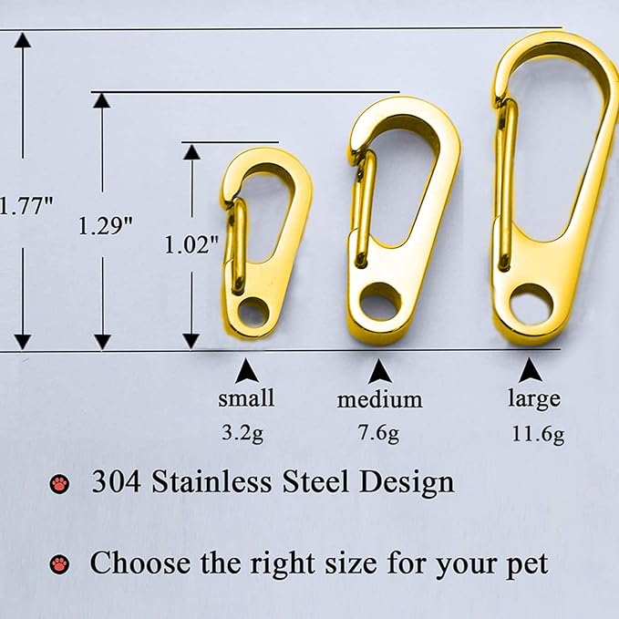 IVIA Dog Tag Clips / 2 Pack/Multiple Size 304 Stainless Steel Quick Clip with Rings/Easy Change Dog Cat ID Tag Holder for Small pet Collars and Harnesses.(2 Large Gold)