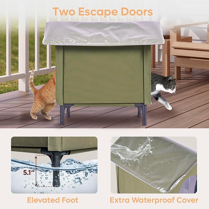 Large Cat House for Outdoor Cats Weatherproof, Indestructible Feral Cat House for Outside, Waterproof Elevated Kitty Pet House with Soft Pad, Extra Roof Cover, Easy Assembly, Barn, Porch
