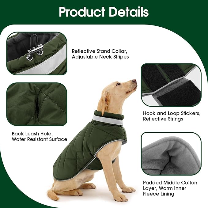 Dog Winter Coat Warm Padded Puppy Jacket Windproof Water Resistant Clothes for Small Medium Large Pets Christmas Sweater Outfit Vest(Green, S)