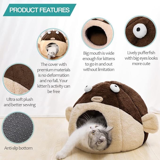 Cat Beds for Indoor Cats - Cat Bed Cave with Removable Washable Cushioned Pillow, Soft Plush Premium Cotton No Deformation Pet Bed, Lively Pufferfish Cat House Design, Brown, Multiple Sizes(L)