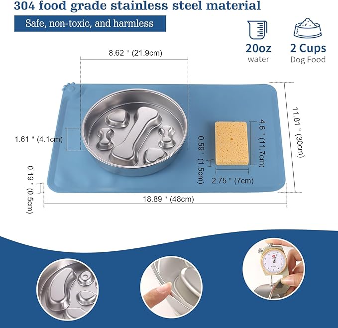 Stainless Steel Slow Feeder Dog Bowls – Non-Slip Metal Dog Bowl for Large & Medium Breeds, Puppy Puzzle Feeder – 2 Cup Capacity for Small to Big Pets – Durable Slow Feed Dog & Cat Food Dish with Mat
