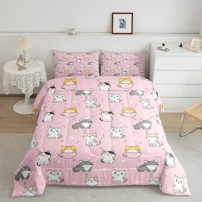 Erosebridal Pink Cat Bedding Set Twin Kawaii Animal Comforter Set, Cute Hearts Reversible Duvet Insert White Kitten Paws Quilt Set, Cartoon Animal Pet Bedding Comforters & Sets Geometry Triangle Decor