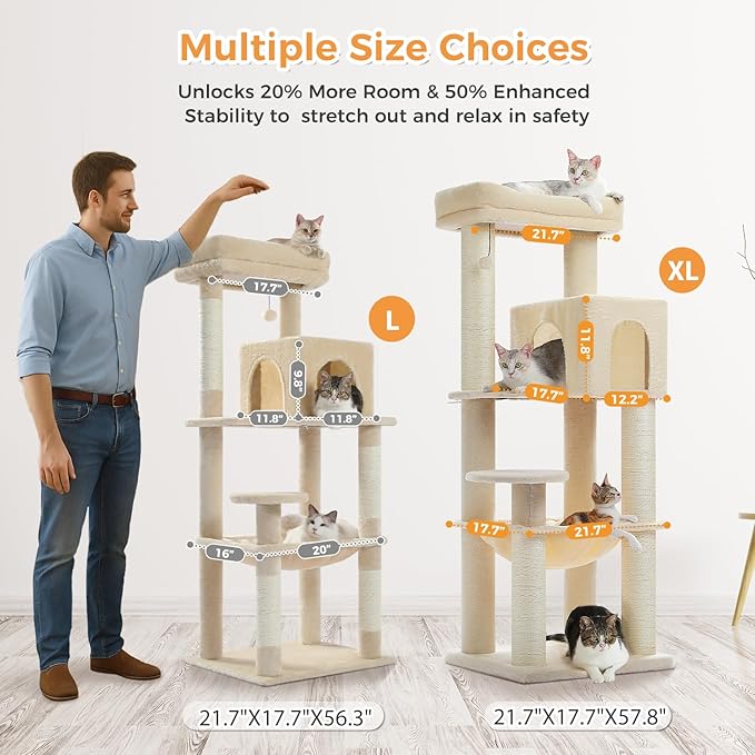 PETEPELA Cat Tree for Large Cats up to 30 lbs, 58" Heavy Duty Cat Tower with Reinforced Scratching Posts[ φ3.1”], Large Hammock, Spacious Condo & Top Perch, Sturdy Cat Furniture for Maine Coons, Beige