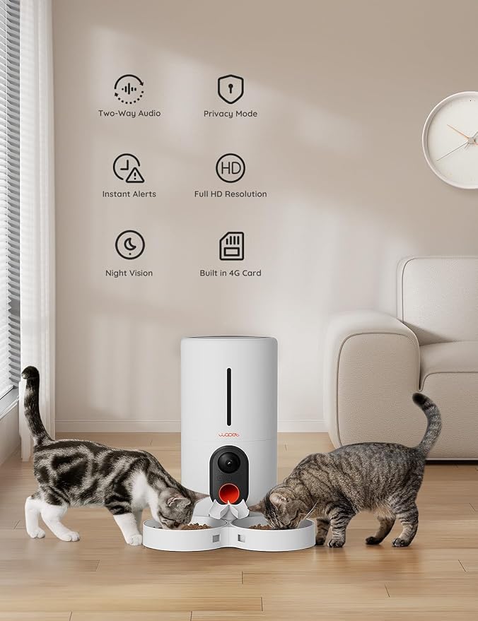 WOPET Automatic Cat Feeder with Camera for Two Cats, 5G WiFi Dog Feeder, 1080p HD Automatic Pet Feeder with Night Vision for Cat & Dog, SD Card Storage & 2-Way Audio