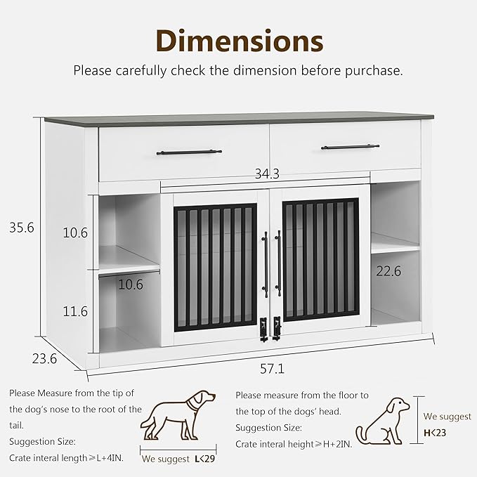 Lovupet Wooden Dog Crate Furniture, Pet House End Table with Large Drawers, Pet Crate for Small/Medium Dogs 1858 (White and Grey)