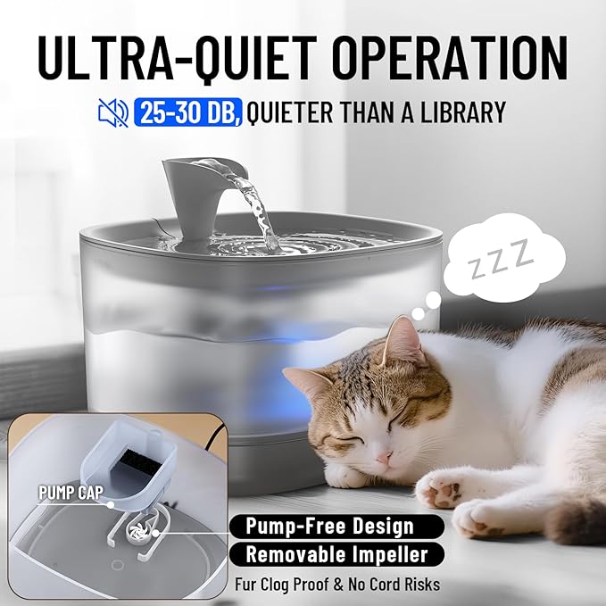 Veken Cat Water Fountain with Detachable Tank, Easy to Clean & Assemble, 84oz/2.5L Automatic Pet Drinking Dispenser with Quiet Operation & LED Light for Cats, Dogs and Small Pets, Grey