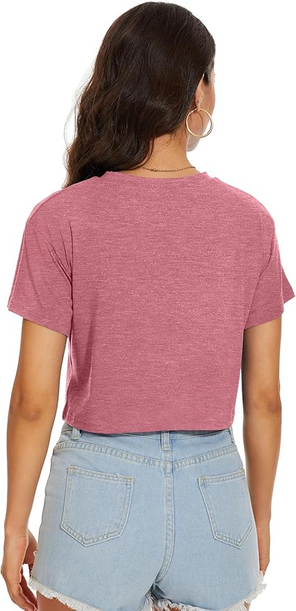 Womens Summer Crop Tops Short Sleeve Round Neck T-Shirts Loose Fit Casual Blouse