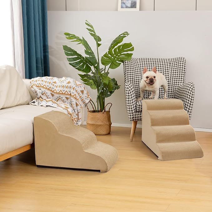 3-Step Dog Ramp and Stairs for Sofa and Chair - Non-Slip Sturdy Pet Steps for Small Dogs and Cats,15.7" H,Khaki