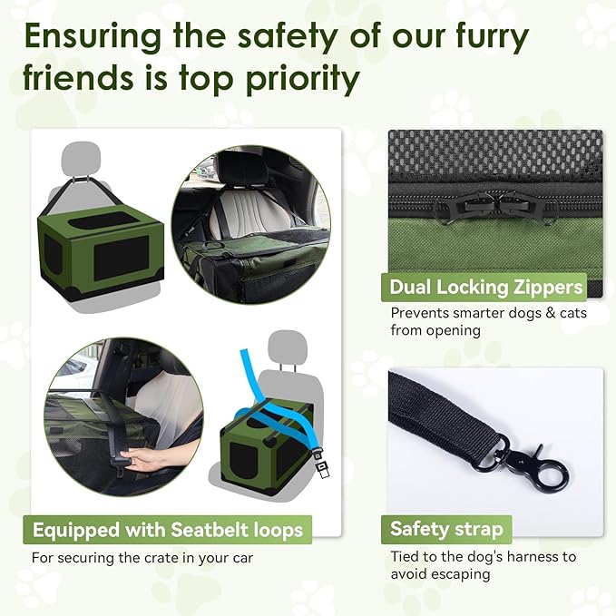 Soft Small Dog Crate - 24 inch Portable Travel Puppy Crate for Small Pets or 2 Cats, Collapsible Pet Carrier with 4 Mesh Doors, Car Kennel for Dogs with Handle for Indoor and Outdoor, Green