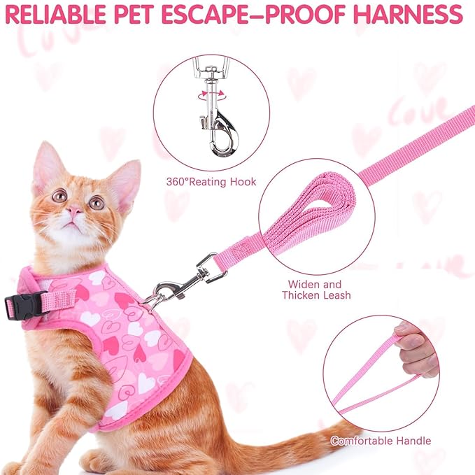 BINGPET Cat Harness and Leash Set Escape Proof for Walking,Step-in Harness with Lightweight Soft Breathable Mesh,Adjustable Easy Control Harness for Kitten Puppy Small Medium Large Cats(Heart,M)