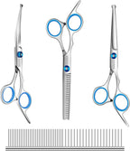 GEMEK Professional Grooming Scissors for Dogs with Safety Round Tips, Dog Grooming Scissors Set - Thinning, Straight, Curved Shears and Comb for Long Short Hair for Dog Cat Pet (Blue-5 in 1)